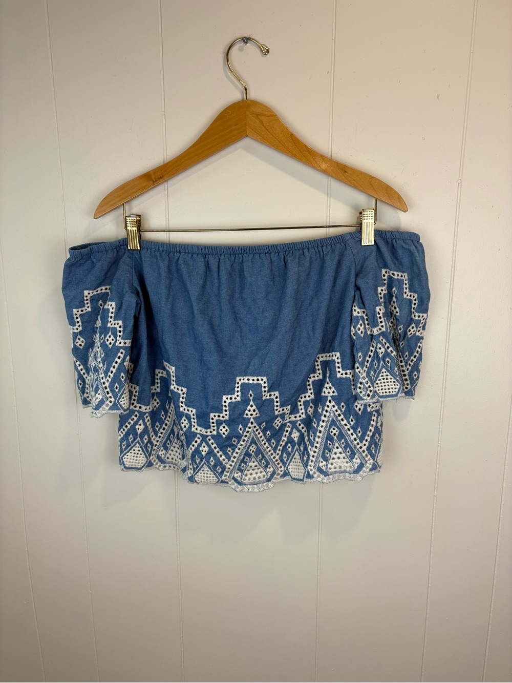 Boho Off the Shoulder Denim Crop Top with Embroidery and Built in Bra
